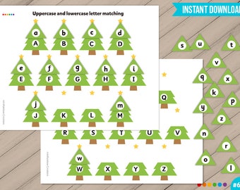 Uppercase and lowercase letter matching for kids, Christmas Tree Printable Worksheet, Learn the alphabet, Match the letters