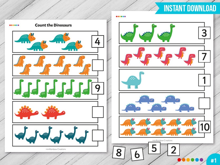 Count the Dinosaurs 1 to 10 Printable Worksheet Homeschool | Etsy