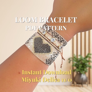 May include: A beaded loom bracelet with a heart design, featuring black, white, and gold beads. The bracelet is shown on a wrist, with the text "LOOM BRACELET PDF PATTERN" and "Instant Download Miyuki Delica 11/0".