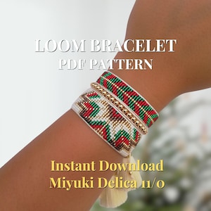 Christmas Beaded Bracelet Pattern – Red, Green and Gold Loom Miyuki Delica Design