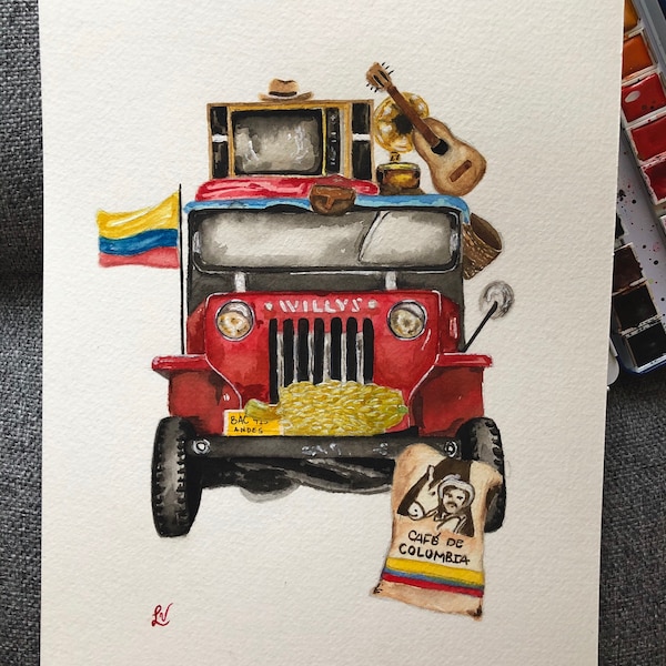 Original watercolour painting, Colombian art, jeep, coffee, Juan Valdez, Medellin, Colombian wall art, home decor, wall art, painting, gift.