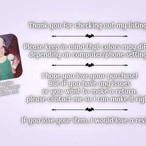 May include: A light purple informational graphic featuring a small photograph of a child in a costume with the text: Thank you for checking out my listing!! Please keep in mind that colors may differ depending on computer/phone settings. I hope you love your purchase! But if you have any issues or you want to make a return, please contact me so I can make it right. If you love your item, I would love a review!