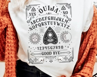 Spirit Board Shirt, Dark Academia Spirit Board Shirt, Witchy Vibes Halloween Tee, Skull Graphic Tee, Spiritual Unisex Short Sleeve T-Shirt