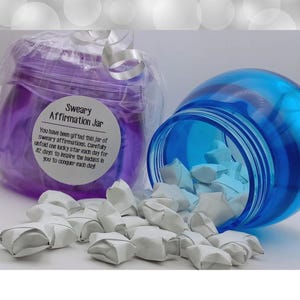 May include: A purple plastic jar with a white label reading Sweary Affirmation Jar and a blue plastic jar tipped on its side, spilling out numerous small, white, folded paper stars. The purple jar is wrapped in clear plastic with a white ribbon.