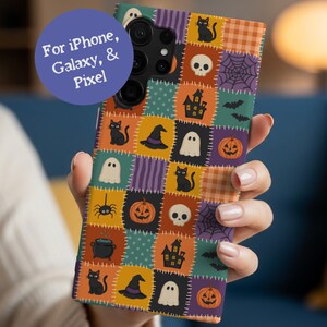 May include: A rectangular phone case featuring a patchwork design of Halloween icons including black cats, pumpkins, ghosts, skulls, witches' hats, spiders, bats, and haunted houses. A purple circular overlay displays the text For iPhone, Galaxy, & Pixel.