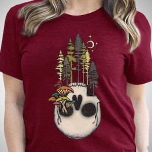 Forest Skull Shirt, Cool Halloween Skull Shirt, Artistic Botanical Skull Shirt, Mushroom T-Shirt, Mushroom and Trees Skull Graphic Tee Shirt