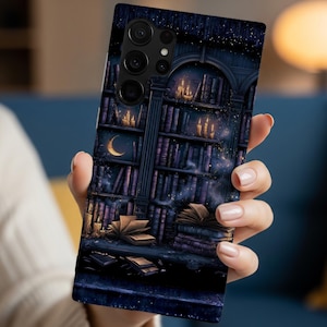 May include: A rectangular smartphone case featuring a dark, atmospheric illustration of a library with tall bookshelves, glowing candles, and an open book. The design includes deep blue and purple tones with a crescent moon and scattered sparkles.