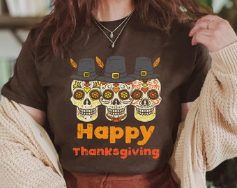 Thanksgiving Skull Shirt, Pilgrim Happy Thanksgiving Tshirt, Holiday Skull Shirt, Spooky Fall Graphic Tee, Skull Gift For Women, Autumn Tees