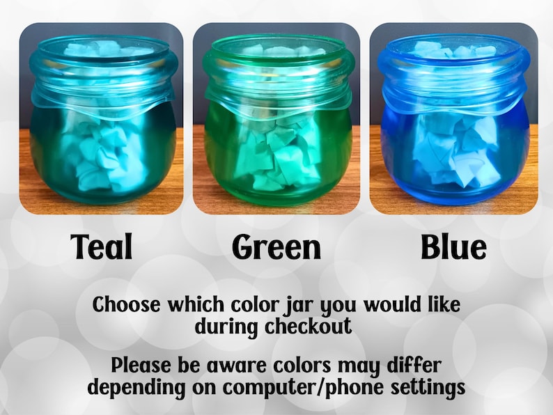 May include: Three translucent glass jars in teal, green, and blue, each filled with white contents. Text below reads: Teal, Green, Blue. Choose which color jar you would like during checkout. Please be aware colors may differ depending on settings.