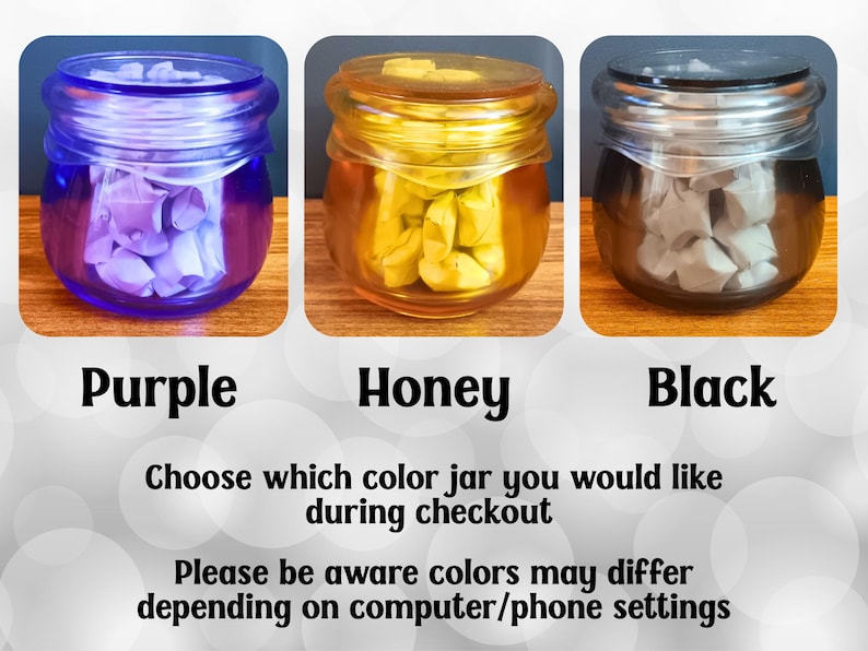 May include: Three glass jars with lids, each filled with small folded paper stars. The jars are available in purple, honey yellow, and black. Text on the image reads: Purple, Honey, Black, Choose which color jar you would like during checkout.