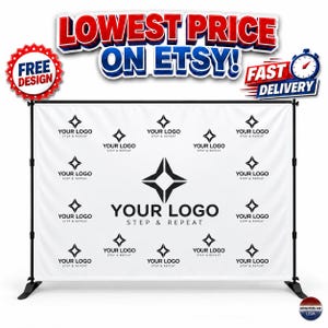 May include: A white step and repeat backdrop banner featuring a repeating black logo pattern with a four-pointed star icon and the text YOUR LOGO STEP & REPEAT, supported by a black metal adjustable stand frame with vertical and horizontal poles.