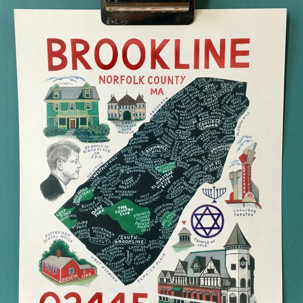 MAP ART / Art Print / Town Map Print / Brookline, Massachusetts/ 02445