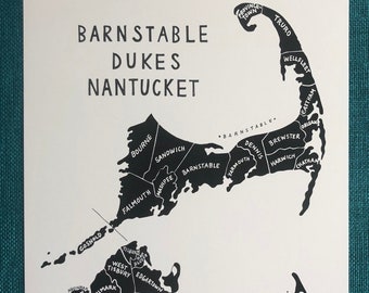 MAP ART / Art Print / Massachusetts County Map / Hand-drawn and Painted Map / Barnstable, Dukes, & Nantucket