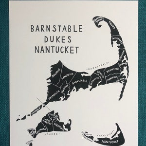 MAP ART / Art Print / Massachusetts County Map / Hand-drawn and Painted Map / Barnstable, Dukes, & Nantucket