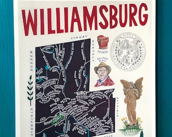 Williamsburg Massachusetts Map Art Print, Hand-Drawn Town Illustration