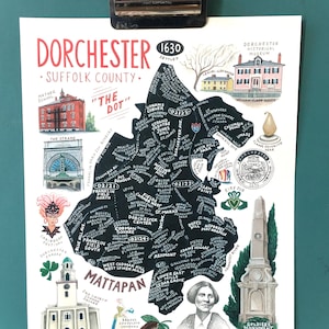 MAP ART / Art Print / Town Map Paintings / Dorchester, Massachusetts / Boston