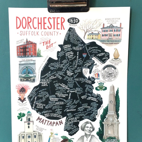 MAP ART / Art Print / Town Map Paintings / Dorchester, Massachusetts / Boston