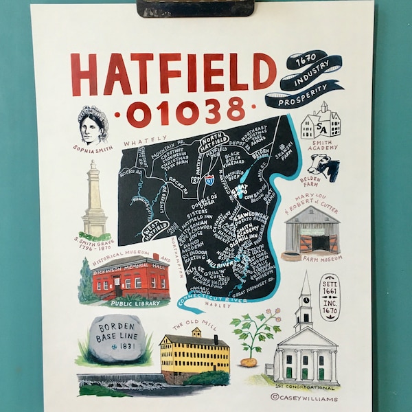 MAP ART / Art Print / Town Map Paintings / Hatfield, Massachusetts / 01038