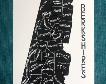 MAP ART / Art Print / Massachusetts County Map / Hand-drawn and Painted Map / Berkshires