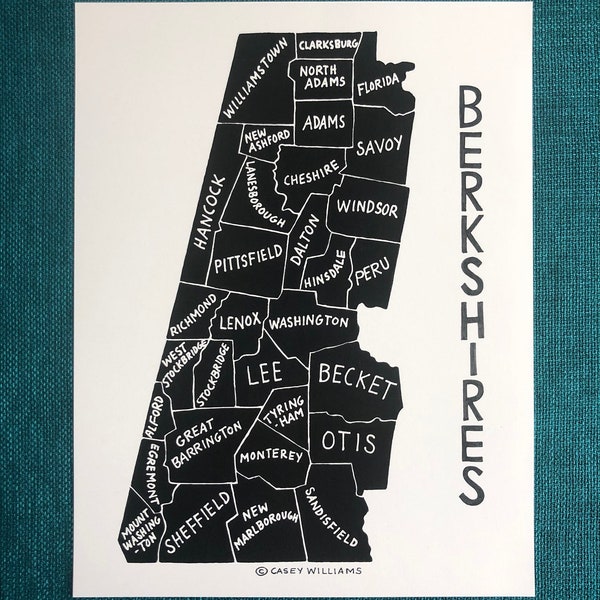 MAP ART / Art Print / Massachusetts County Map / Hand-drawn and Painted Map / Berkshires