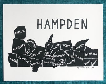 MAP ART / Art Print / Massachusetts County Map / Hand-drawn and Painted Map / Hampden County