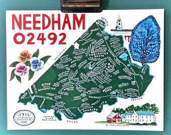 MAP ART / Art Print / Town Map Paintings / Needham, Massachusetts / 02492