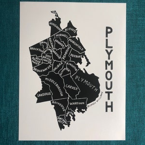MAP ART / Art Print / Massachusetts County Map / Hand-drawn and Painted Map / Plymouth County