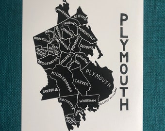 MAP ART / Art Print / Massachusetts County Map / Hand-drawn and Painted Map / Plymouth County