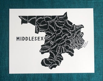 MAP ART / Art Print / Massachusetts County Map / Hand-drawn and Painted Map / Middlesex County