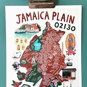 May include: A hand-drawn map of Jamaica Plain, Massachusetts, with a red, green, and brown color scheme. The map includes landmarks, streets, and businesses. The text "Jamaica Plain 02130" is at the top of the map.
