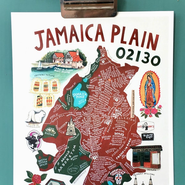 MAP ART / Art Print / Town Map Paintings / Jamaica Plain / Massachusetts / Boston