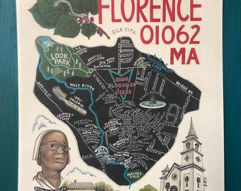 MAP ART / Art Print / Town Map Paintings / Florence, Massachusetts / 01062