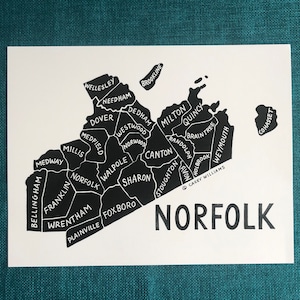MAP ART / Art Print / Massachusetts County Map / Hand-drawn and Painted Map / Norfolk County