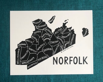 MAP ART / Art Print / Massachusetts County Map / Hand-drawn and Painted Map / Norfolk County