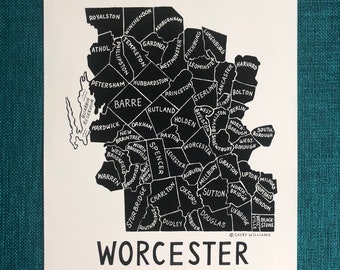 MAP ART / Art Print / Massachusetts County Map / Hand-drawn and Painted Map / Worcester County