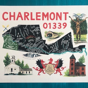 May include: A vintage postcard featuring a map of the town of Charlemont, Massachusetts, with the town's name and zip code, 01339, in red. The map is surrounded by illustrations of local landmarks, including a church, a town hall, and a bridge. The postcard also features a Native American figure in traditional clothing, a pair of red dragons, and the text "Deo Duce Ferro Comittante".
