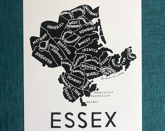 MAP ART / Art Print / Massachusetts County Map / Hand-drawn and Painted Map / Essex County