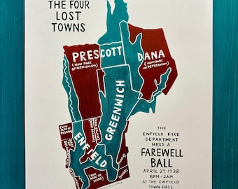 MAP ART / Art Print / Town Map Paintings / 4 Lost Towns, Massachusetts / Quabbin Reservoir