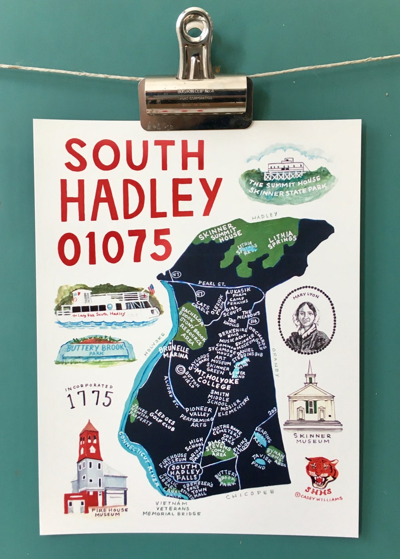 Art Print/ Town Map Paintings/ South Hadley Massachusetts/ Etsy