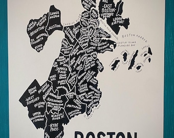 Boston Massachusetts Map Art Print, Hand Drawn City Neighborhoods (02108–02137)