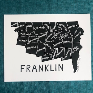 MAP ART / Art Print / Massachusetts County Map / Hand-drawn and Painted Map / Franklin County