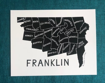 MAP ART / Art Print / Massachusetts County Map / Hand-drawn and Painted Map / Franklin County