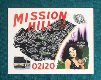 MAP ART / Art Print / Town Map Print / Mission Hill, Massachusetts / 02120