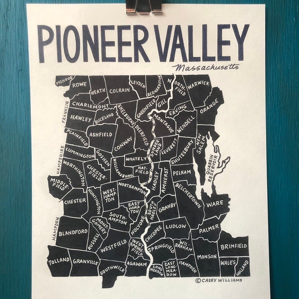 MAP ART / Art Print / Town Map Paintings / Pioneer Valley / Massachusetts