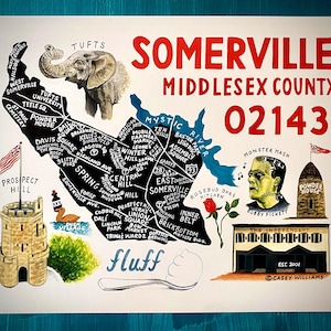 May include: A colorful map of Somerville, Massachusetts, with illustrations of local landmarks, including an elephant, a tower, and a building. The map includes the text "Somerville Middlesex County 02143" and various street names.