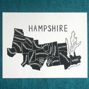 MAP ART / Art Print / Massachusetts County Map / Hand-drawn and Painted Map / Hampshire County