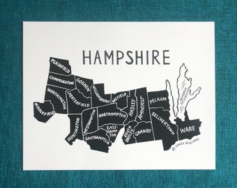 MAP ART / Art Print / Massachusetts County Map / Hand-drawn and Painted Map / Hampshire County