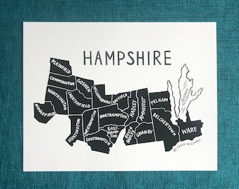 MAP ART / Art Print / Massachusetts County Map / Hand-drawn and Painted Map / Hampshire County