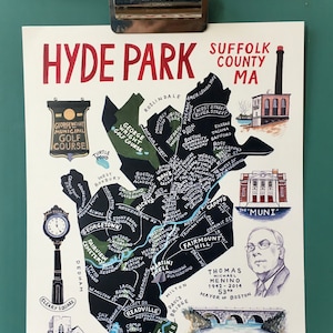 MAP ART / Art Print / Town Map Paintings / Hyde Park / Suffolk County Massachusetts / 02136