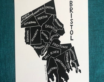 MAP ART / Art Print / Massachusetts County Map / Hand-drawn and Painted Map / Bristol County